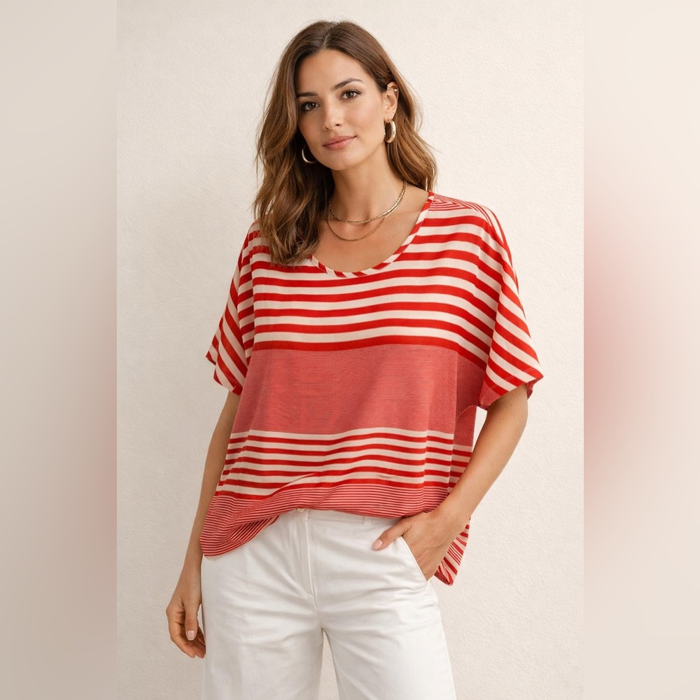 Coldwater Creek Red and White Striped V-Neck Top